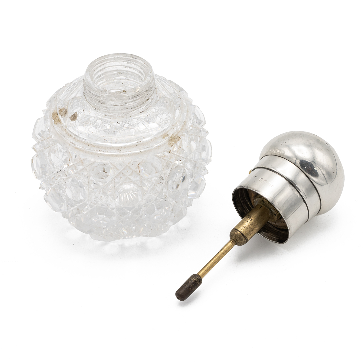 Victorian silver mounted cut glass perfume atomiser of spherical form with hobnail pattern. Indis... - Image 2 of 4