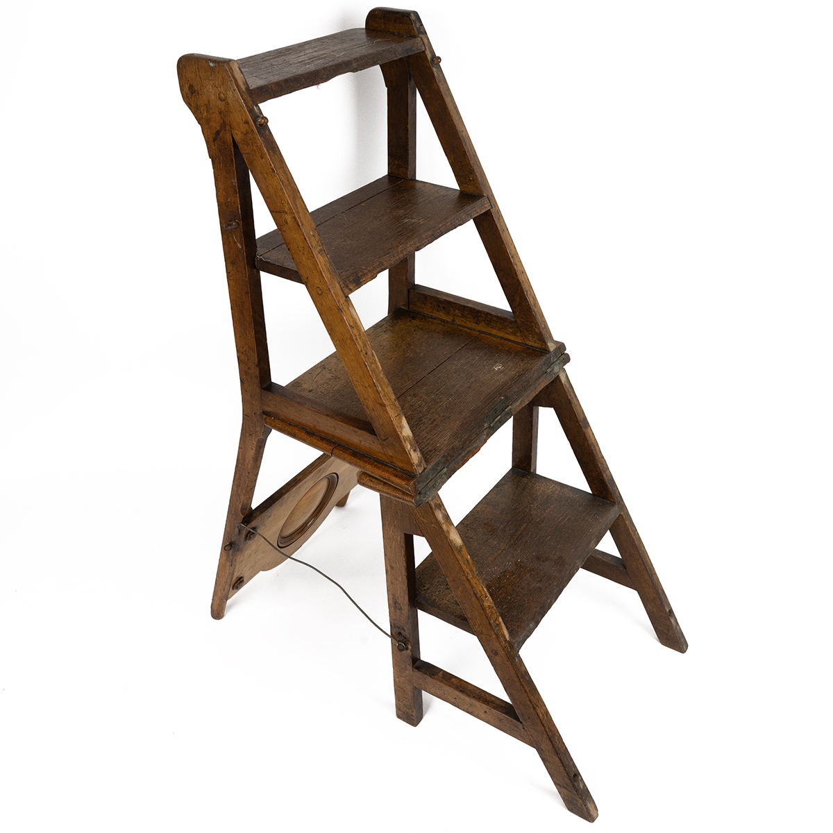A late 19th/early 20th century light oak Gothic metamorphic library steps chair, the panelled bac... - Image 3 of 3