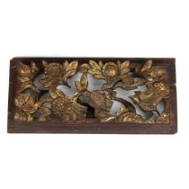 Small Antique Chinese wooden panel. Fretwork and carved images of birds and foliage with painted ...