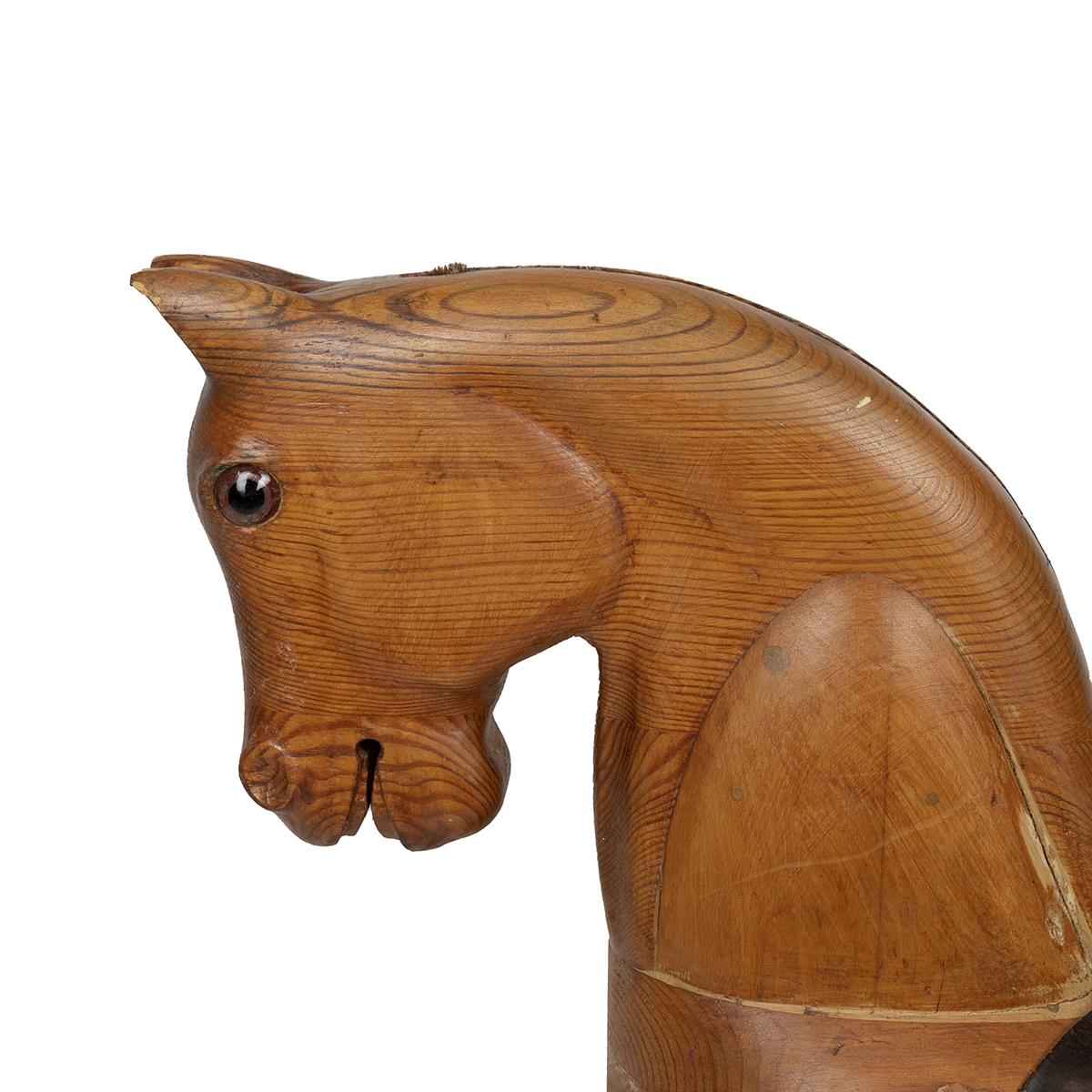 Mid 20th Century carved pine rocking horse, lacking rocking base, with leather saddle and stirrup... - Image 2 of 4