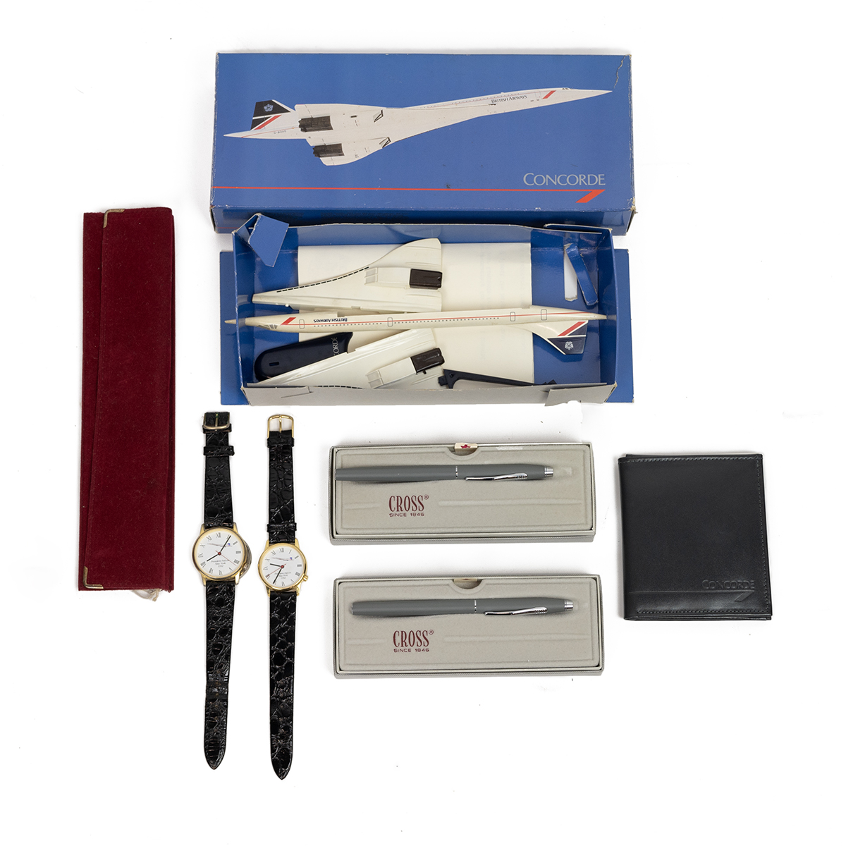 Concorde memorabilia to include a leather credit card wallet, a Wooster model Concorde (boxed), t...