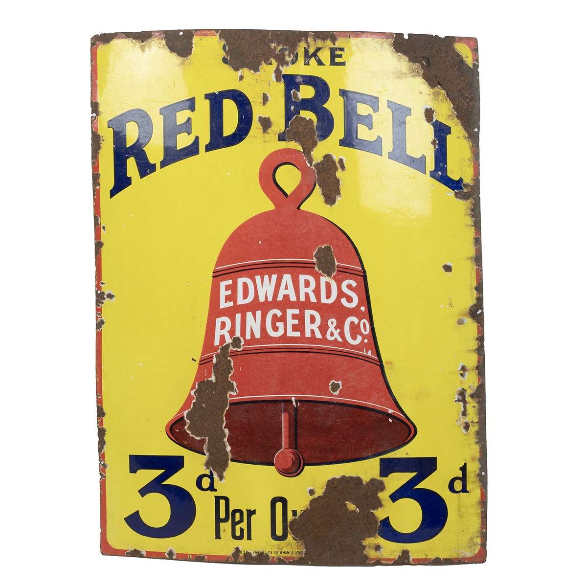 Vintage 'Smoke Red Bell, Edwards,Ringer & Co' Enamel Sign. Apparent wear. H 102cm, W 77cm.