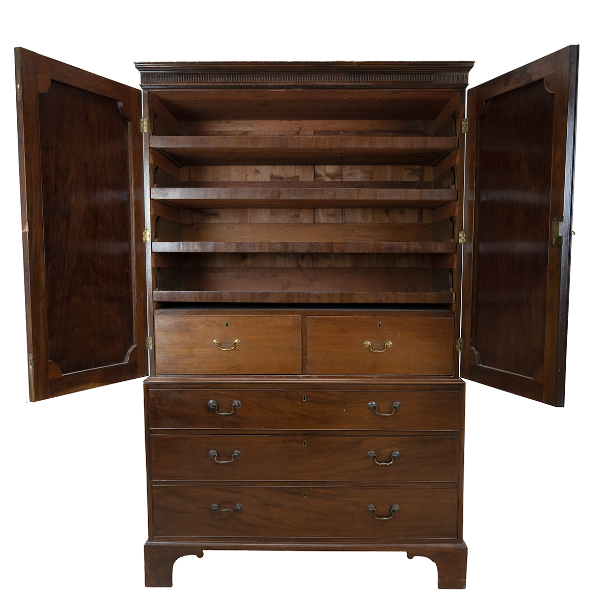 Georgian flame mahogany linen press, three drawers, with swan neck brass handles below cabinet wi... - Image 3 of 3