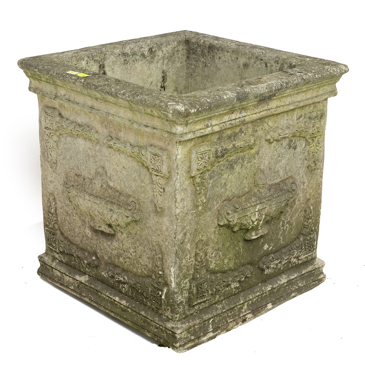 Reconstituted stone, square form antique style garden planter. H 40cm, W 41cm.