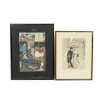 Two Japanese  framed and glazed woodblock on silk prints, oban triptyque. One depicting a couple ...