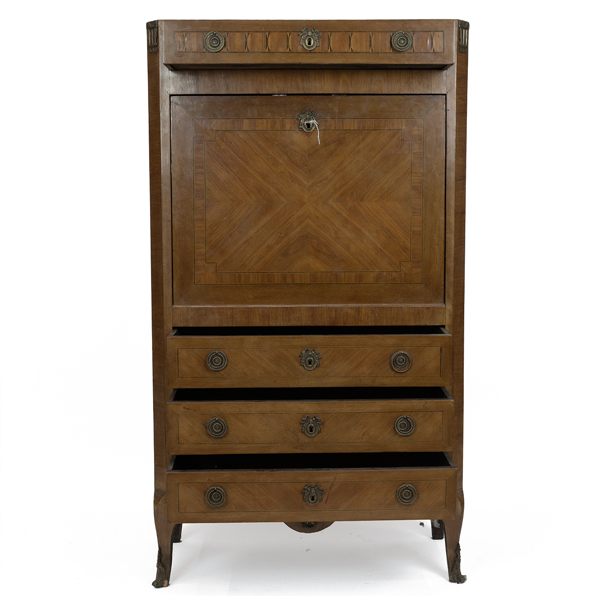 Mid 19th Century French walnut secretaire with parquetry and gilt metal detailing and black marbl... - Image 3 of 6