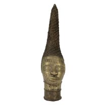 20th Century Benin brass head of Idia, Queen Mother of the Benin Empire with tall conical lattice...