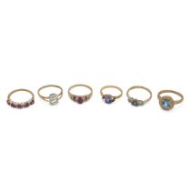 Six 9ct gold modern rings, set with various gemstones, 11.66g.