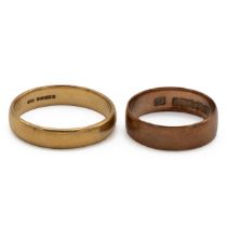 Two gold wedding bands to include a 9ct gold wedding band, 2.29g  & 22ct gold wedding band, 5.07g.