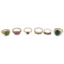 Six modern 9ct gold rings, each set with various gemstones, various sizes and makers, total weigh...