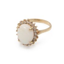 Opal and diamond cluster ring, the oval cabochon of approximately 2ct estimated, enclosed by smal...