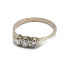 18ct white gold and three stone ring, ring size L1/2, total gross weight approximately 2.5g.