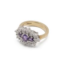 9ct gold amethyst and diamond cluster dress ring, the three amethysts enclosed by illusion set di...