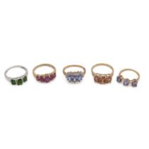 Five 9ct gold rings, each set with various gems, various finger sizes, 12.55g.