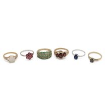 Six modern 9ct gold rings, set with various gemstones, various sizes, 13.54g.