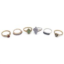 Six modern 9ct gold rings, set with various gemstones, 11.39g.