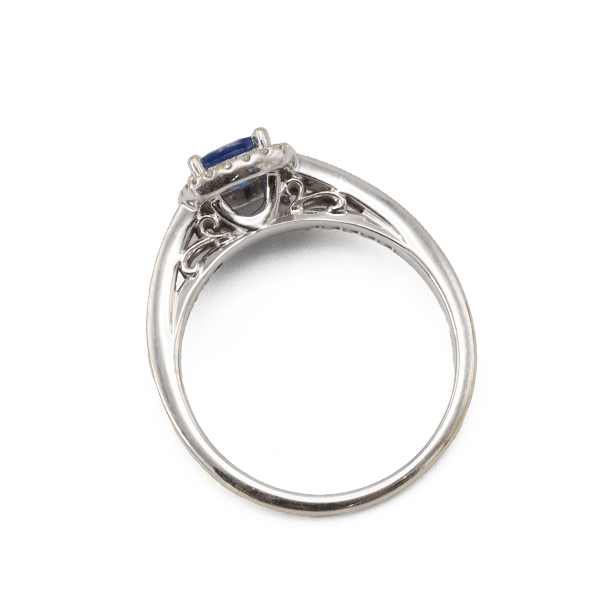 18ct white gold, sapphire and diamond ring, the square cut enclosed by small brilliant cuts and a... - Image 4 of 6