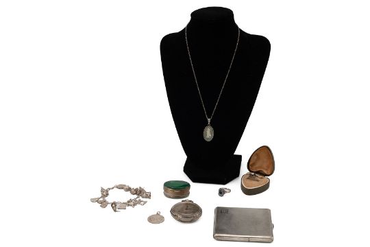 Silver items including: a cigarette case; charm bracelet; pocket watch; two rings; a pendant and - Image 1 of 7