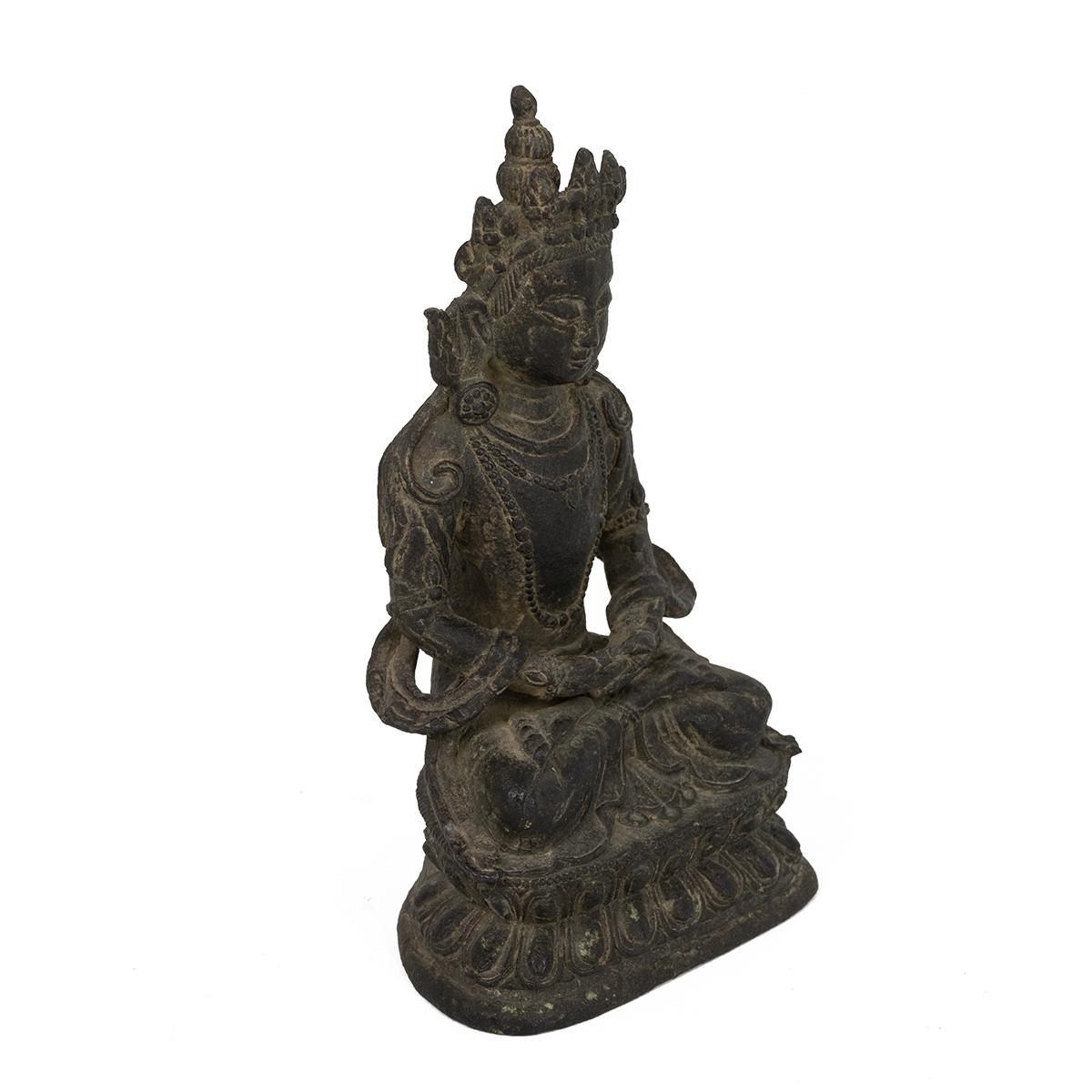 A CAST IRON BUDDHA AMITAYUS STATUE, 18th-19th CENTURY Seated in dhyanasana on top of a double - Image 2 of 3