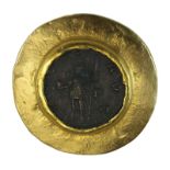 Handgearbeiteter Gelbgold-Anhänger mit römischer Bronzemünze, Goldschmiedearbeit, gestempelt 750,