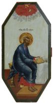Ikone, Heiliger Markus, Russland 2. H. 19. Jh., achteckige Form, Tempera auf Holz, Ganzfigur des