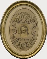 Religiöses Stickbild von 1865, "Gott ist die Liebe", Garn u. Perlen auf Stramin, mittig aufgeklebt