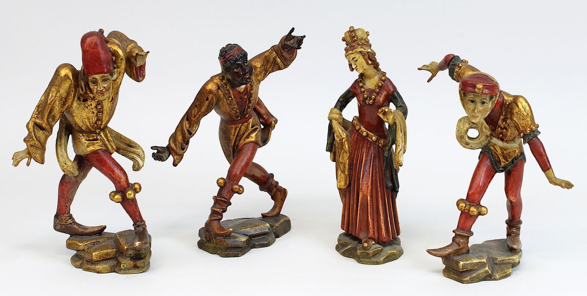 Vier Figuren Moriskentänzer, Oberammergau, Holzschnitzerei Franz Barthels, 2.H.20.Jh., nach den