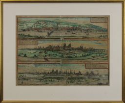 Heidelberg, Speyer, Worms, jeweils in Gesamtansicht auf einem Blatt, kolorierter Kupferstich aus
