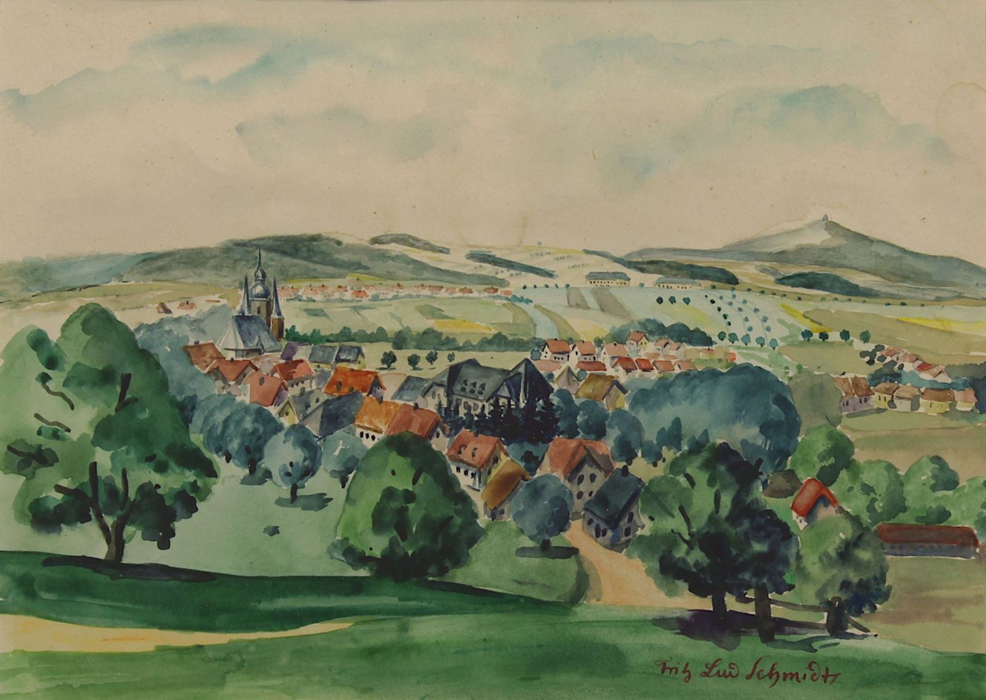 Schmidt, Fritz Ludwig (Saarbrücken 1922 - 2008 Saarbrücken) Blick auf St. Wendel, Aquarell, am - Bild 2 aus 2