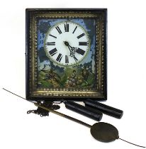 Schilder-Uhr, Schwarzwald, um 1900, bemaltes Zinkblech mit starken Farbabplatzungen, hinter