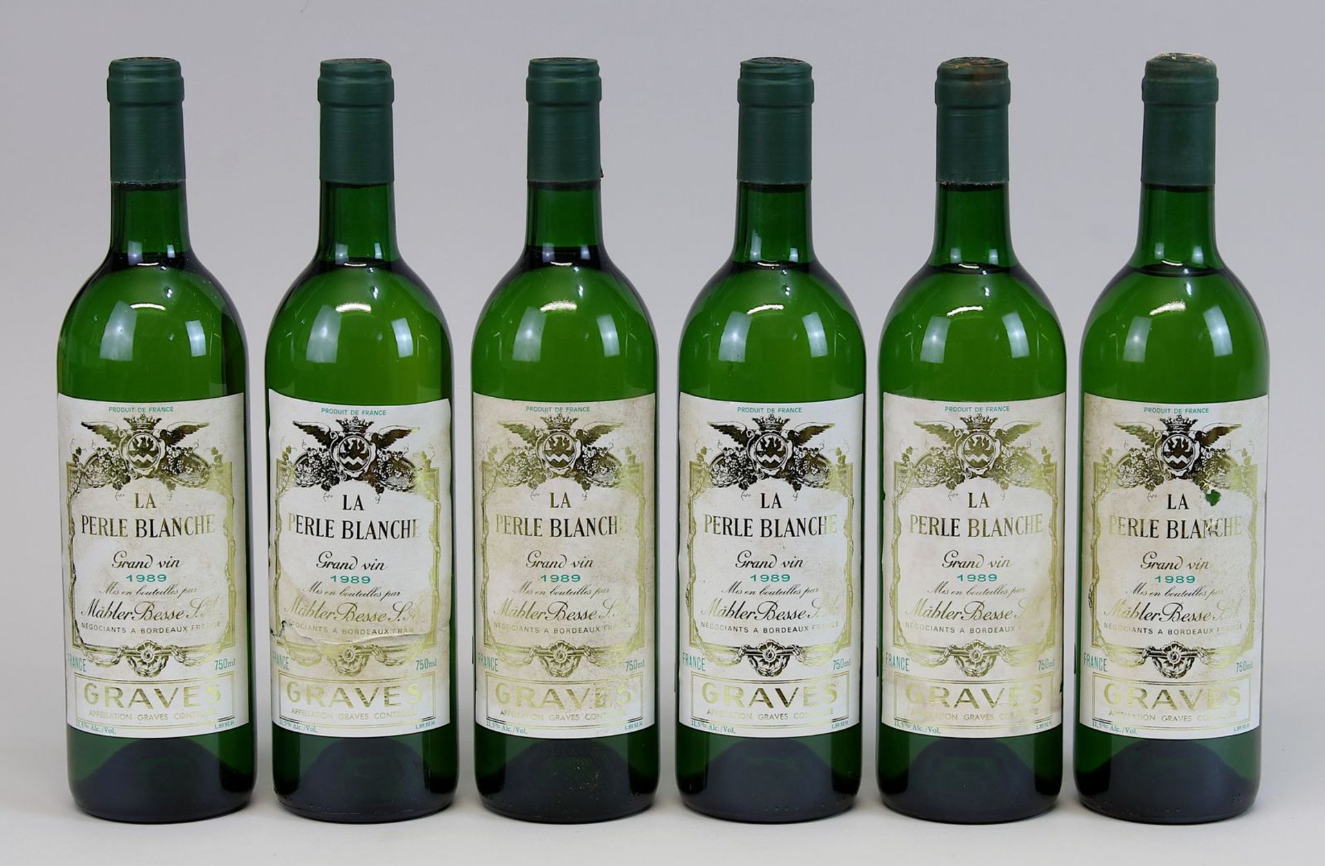 6 Flaschen 1989er La Perle Blanche, Mähler Besse S.A., Bordeaux, Graves, Füllhöhe: jeweils