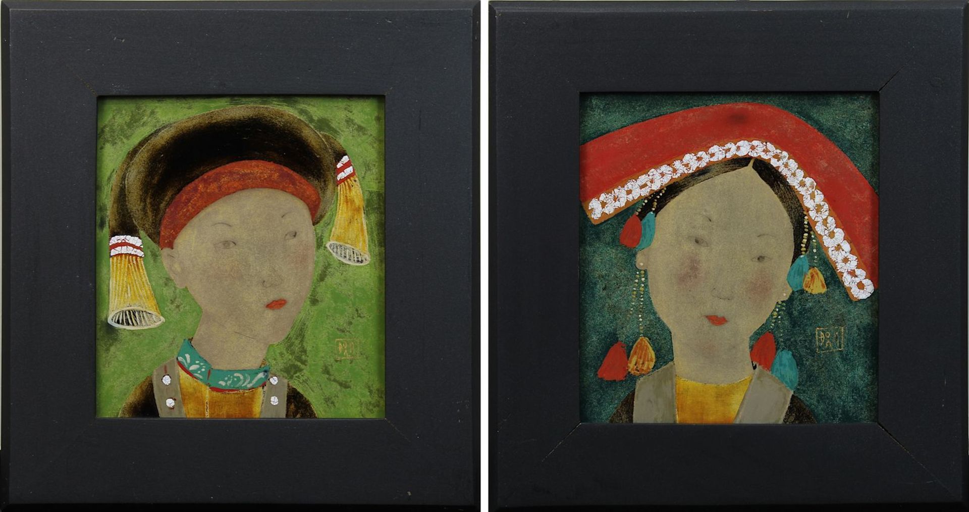 Dô Thi Kim Doan (geb. 1958 Hanoi), zwei  Lackbilder auf Holz, Vietnamesinnen in Landestracht, als