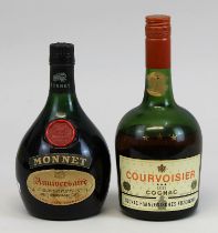 2 Flaschen Cognac, 2. H. 20. Jh.: eine Flasche Monnet, Anniversaire, Fine Champagne Cognac, J.G.