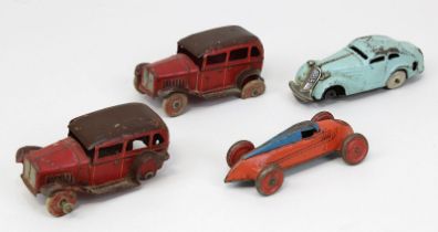 4 Blechautos, Deutschland um 1940, Blechkarosserie rot u. blau lackiert, Schuco Modell 1001,
