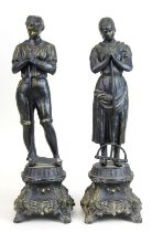 Régule Figurenpaar, 20. Jh., Bauer u. Bäuerin auf barockem Sockel, bronzefarben patiniert, H 43 - 44