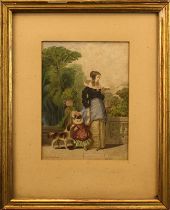 Garneray, Hippolyte (1787 - 1858), junge Frau mit Tochter u. Hund, aquarellierte Farblithographie,