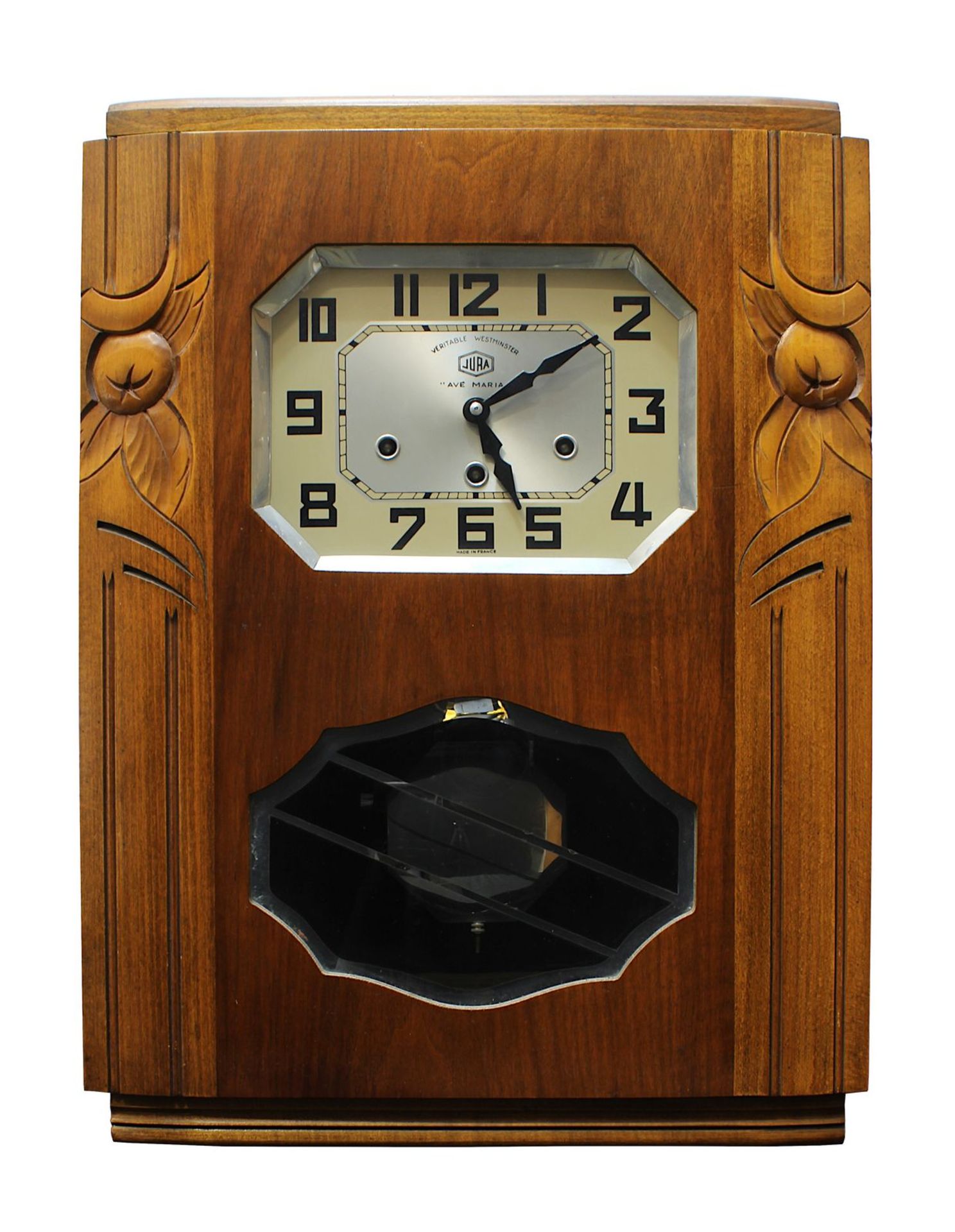 Französische Art-Déco Westminster-Wanduhr um 1930, hochrechteckiges eintüriges Buchenholz-Gehäuse,