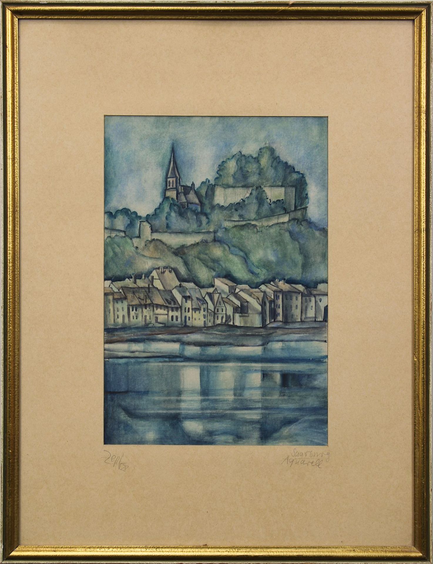 Zepf, Toni (geb. Augsburg 1902), Blick auf Saarburg und die St. Laurentius Kirche, 28 x 19 cm (