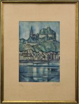 Zepf, Toni (geb. Augsburg 1902), Blick auf Saarburg und die St. Laurentius Kirche, 28 x 19 cm (