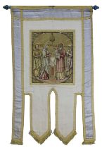 Prozessionsfahne um 1920, Beschneidung Jesu im Tempel, Seide auf Baumwolle, zentrale rechteckige