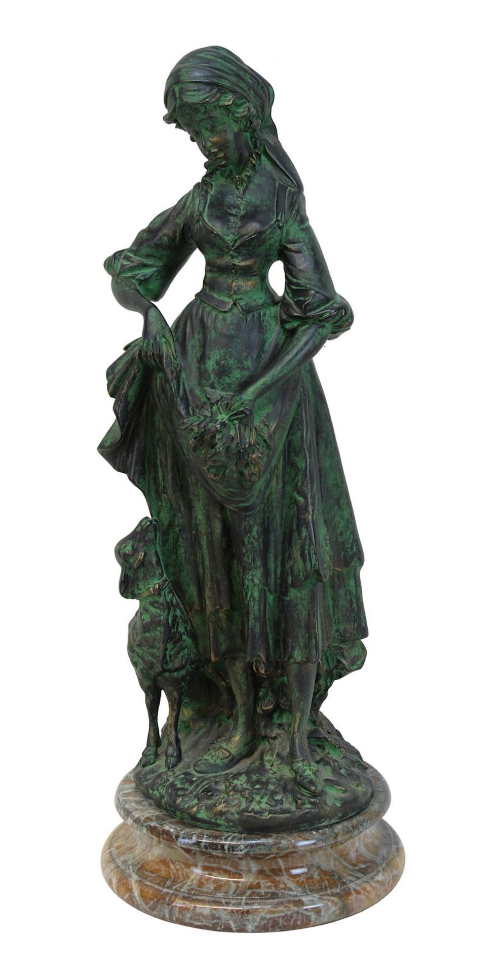 Gussfigur einer Schäferin, 2. H. 20. Jh., Guss mit grüner Patina, auf Natursockel stehende Dame