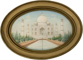 Miniatur mit Ansicht des Taj Mahal, Persien um 1900, fein gemalte Ansicht des Taj Mahal auf