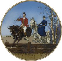 Wandteller, Villeroy & Boch Mettlach 1891, aus Chromolith-Keramik mit Dekor eines Paares zu Pferde