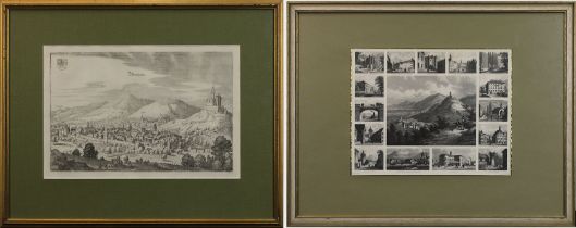 Zwei Ansichten von Weinheim, 17. bis 19. Jh.: Gesamtansicht der Stadt, Kupferstich von M. Merian,