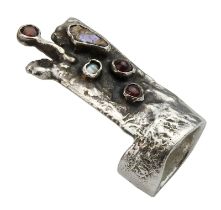 Handarbeitsring aus Silber mit Perlen und Granat-Cabochons, Silberschmiedearbeit, rechteckiger