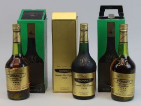 3 Flaschen Cognac, 2. H. 20. Jh.; 2 Flaschen Cognac, Monnet, Tradition, J.G. Monnet & Co. und eine
