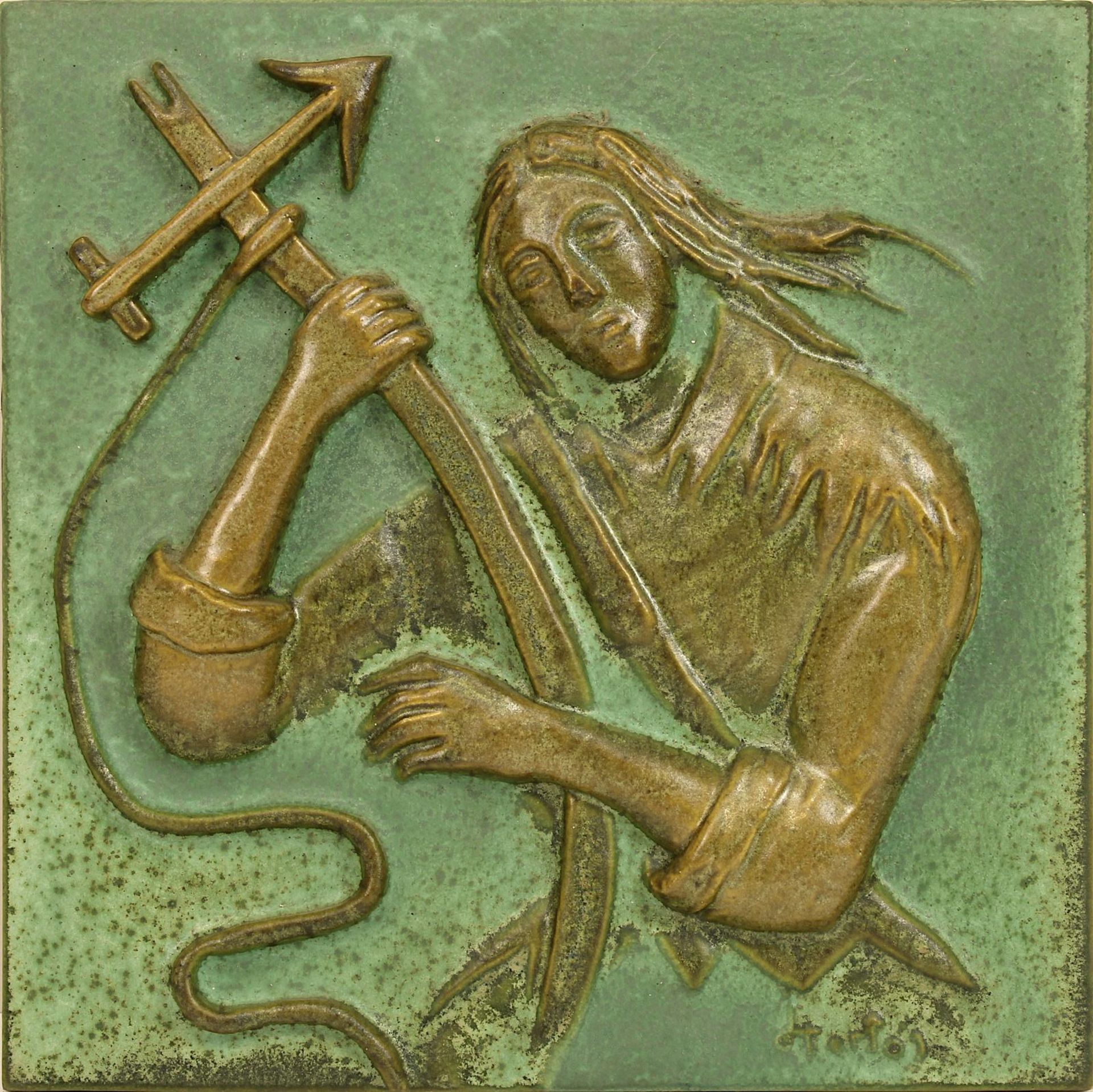 Keramik-Bildplatte "Schütze", Villeroy & Boch Mettlach, M. 20. Jh.,  Keramik ,weißer Scherben, in