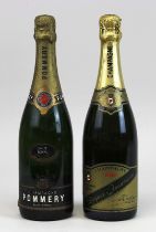 Zwei Flaschen Champagner, 2. H. 20. Jh.: Pommery, Brut Royal, Reims und eine Flasche Doquet -
