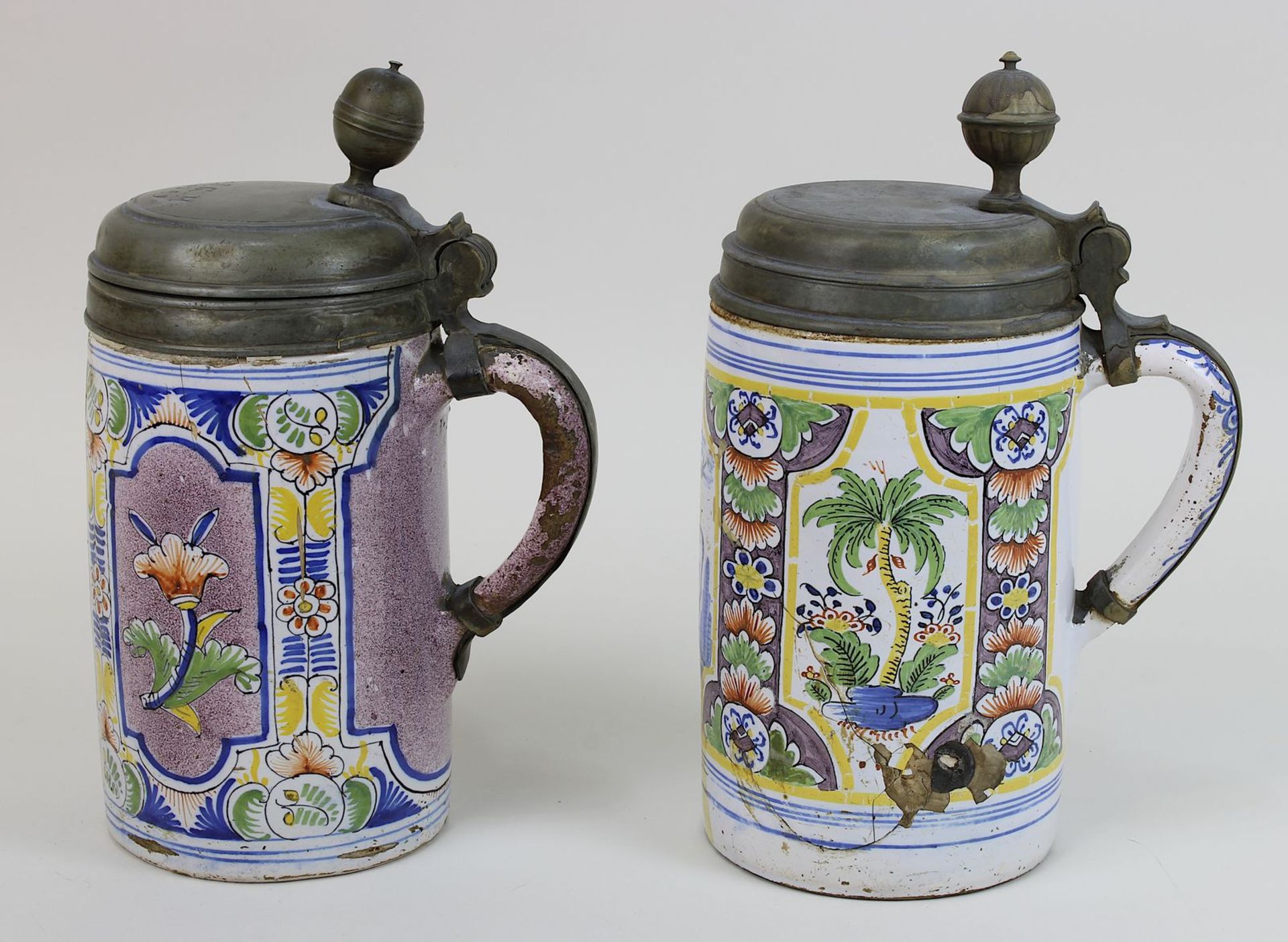 Zwei Fayence-Pilasterwalzenkrüge, 18. Jh., Keramik, heller Scherben, handgedreht, mit - Bild 2 aus 4