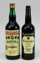 2 Flaschen Südwein, 2. H. 20. Jh.: eine Flasche Manzanilla, Dry Sherry, Garvey Jerez, Spanien, 0,